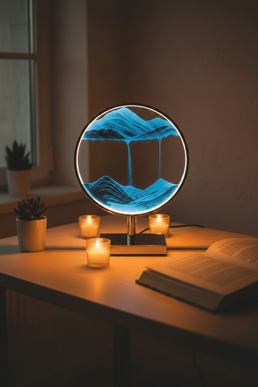 Blue sand art landscape lamp glowing on a cozy wooden desk at night with candlelight and succulent