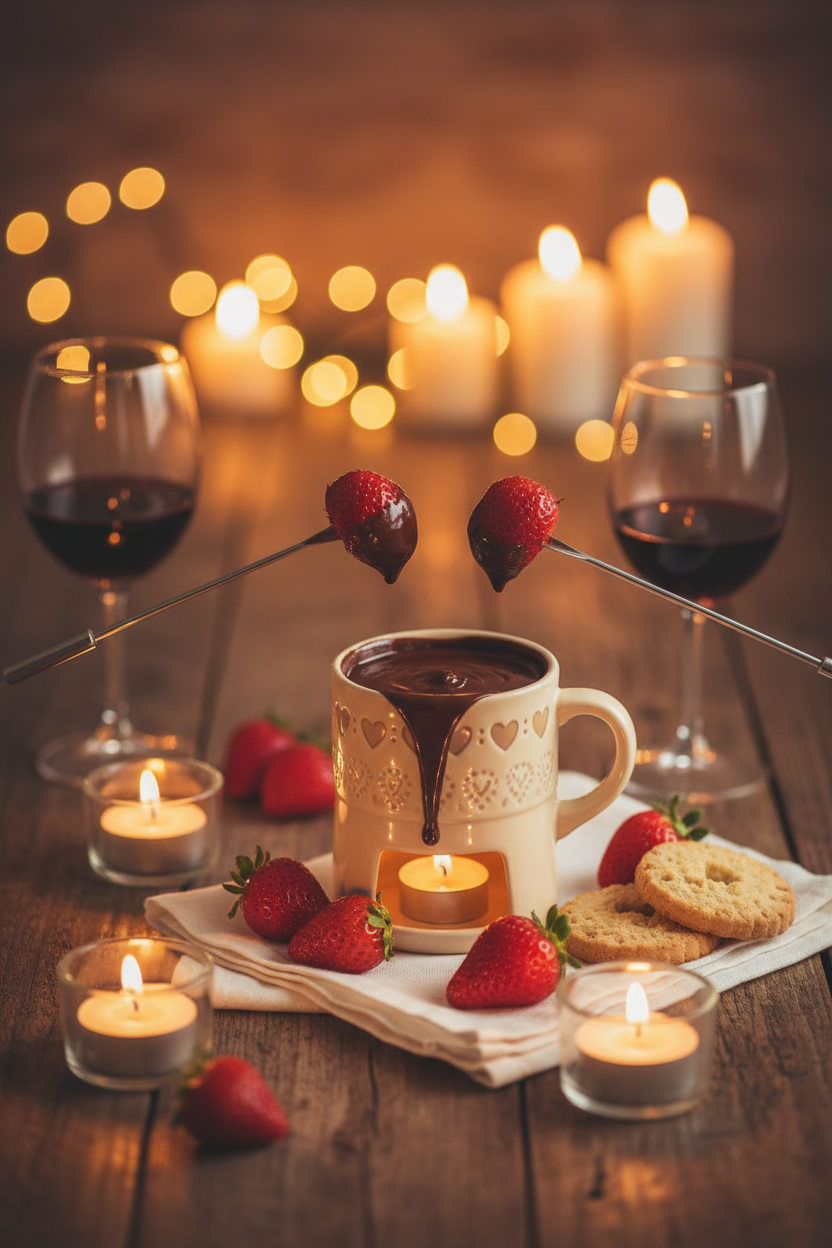 Mini fondue mug set on a romantic candlelit table with chocolate fondue and strawberries