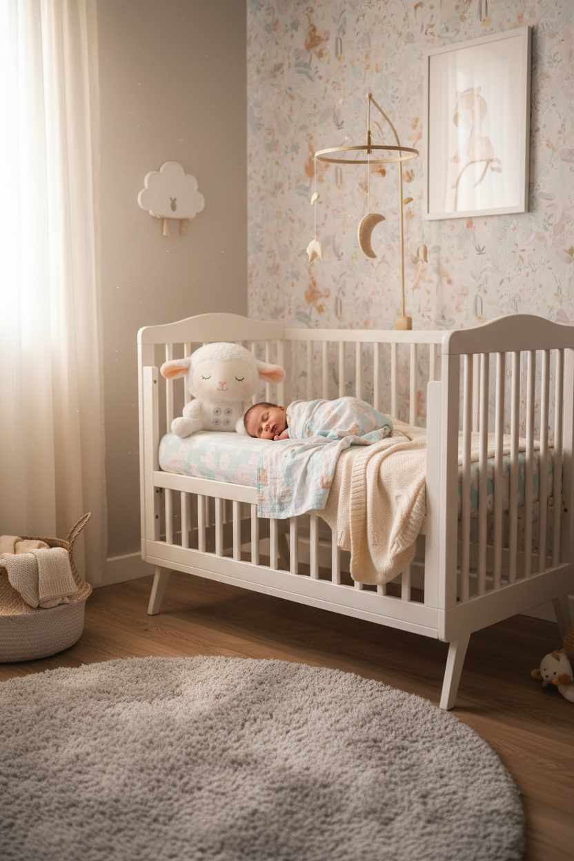 Soft lamb plush baby soothing toy beside a sleeping newborn in a cozy pastel nursery