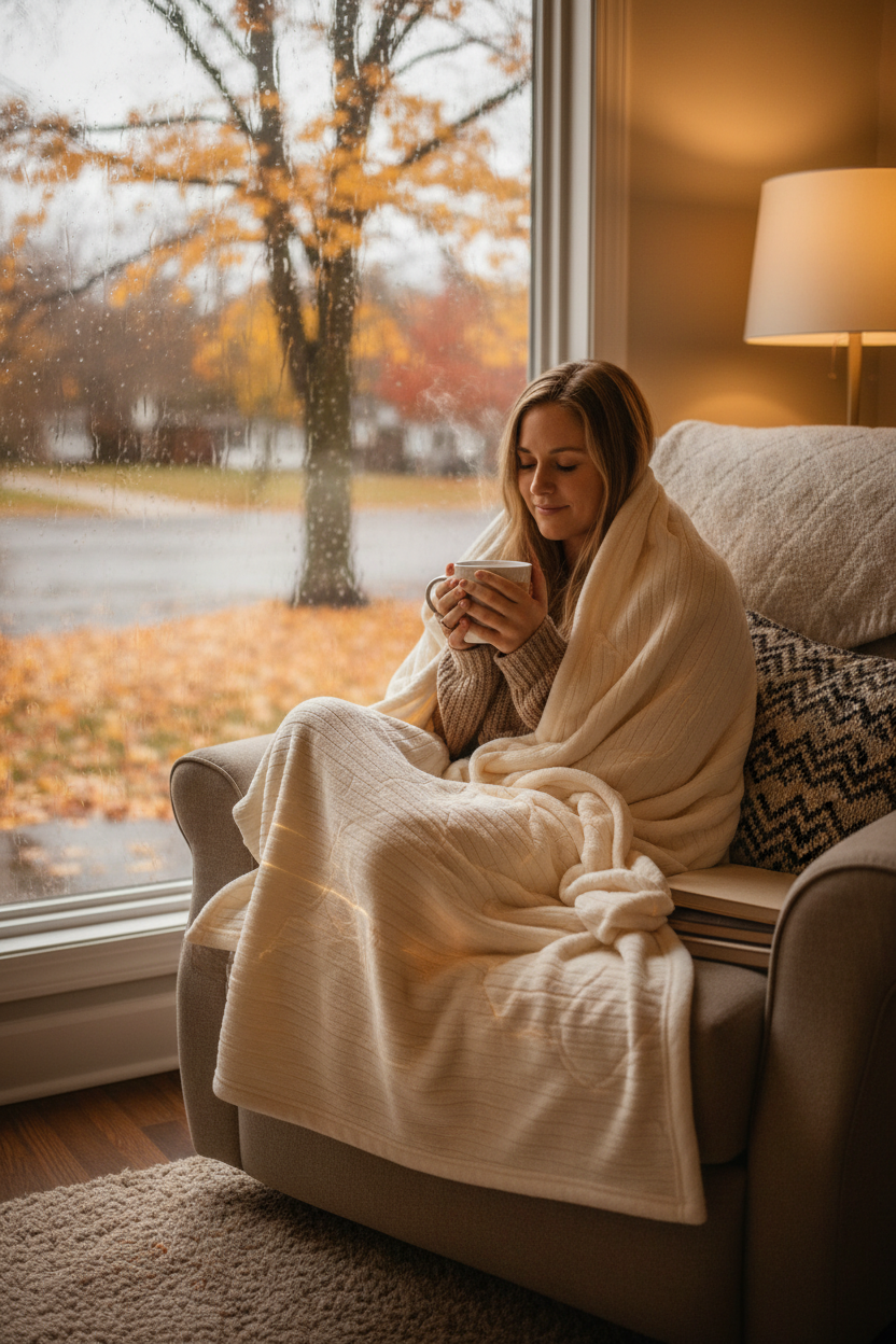 Person wrapped in a soft electric heated blanket on a cozy armchair on a rainy autumn day with tea