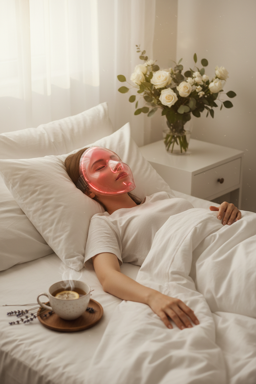 Woman relaxing with LED light therapy face mask in a luxurious self-care setting