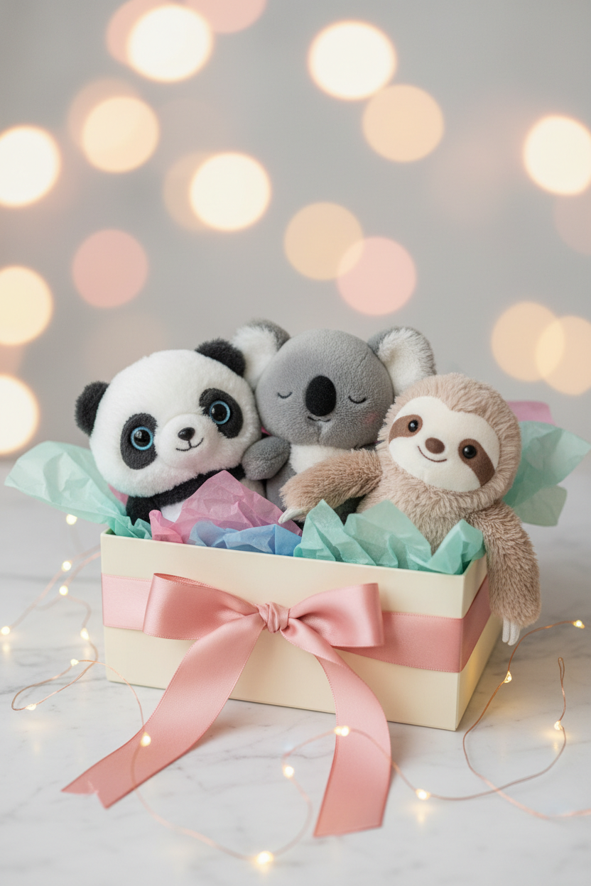 Panda, koala and sloth plush dolls styled as a beautiful gift arrangement with fairy lights
